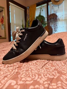 Coach Black Leather Sneakers with Cream Soles
